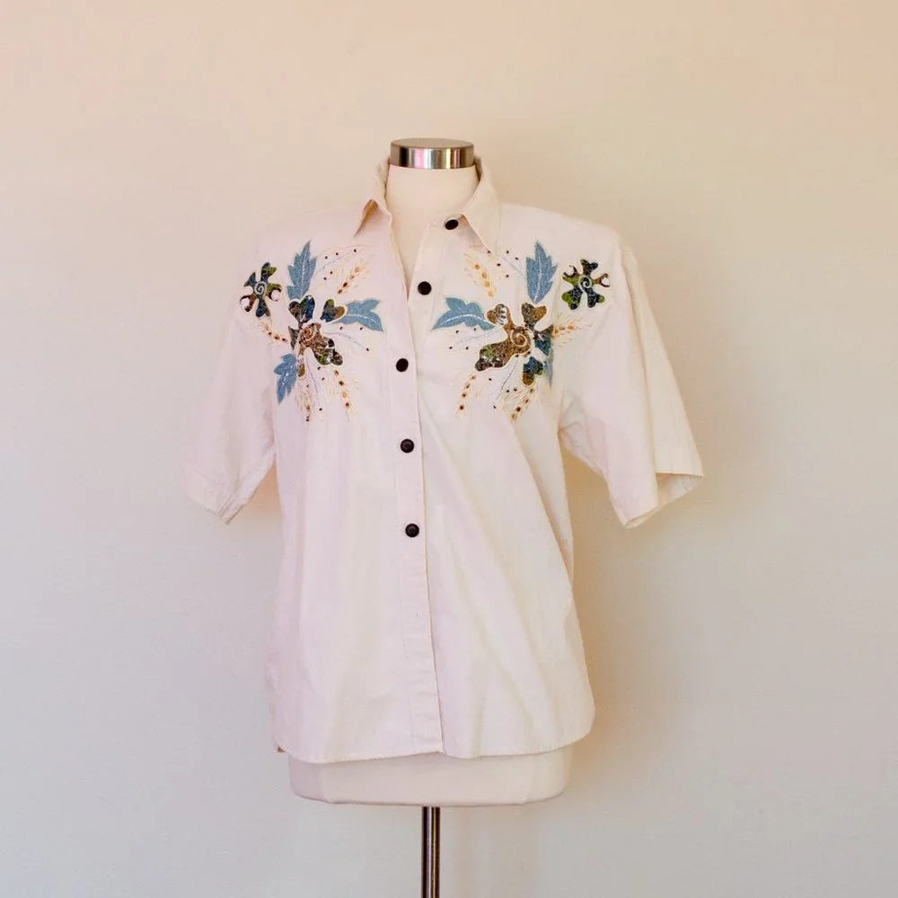 Vintage Jane Ashley Pearl Beaded Embroidered Cotton Shirt, 1990's Embellished - Picture 2 of 5